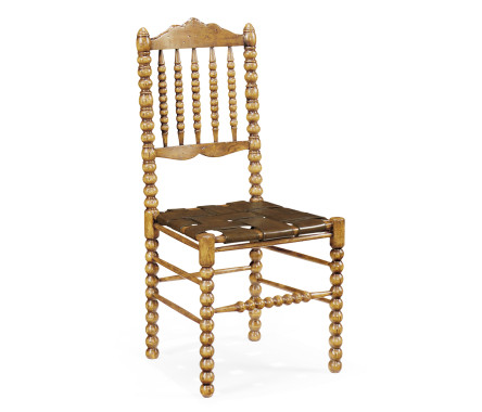 Bobbin Natural Oak Side Chair with a Medium Antique Chestnut Leather Seat