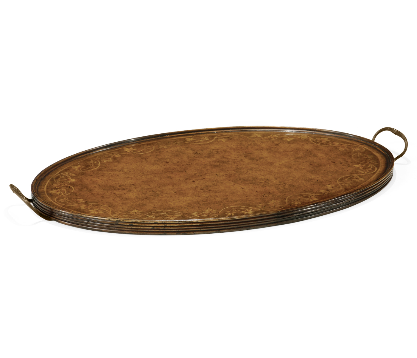 Oval Burl Walnut Tray with Floral Inlay