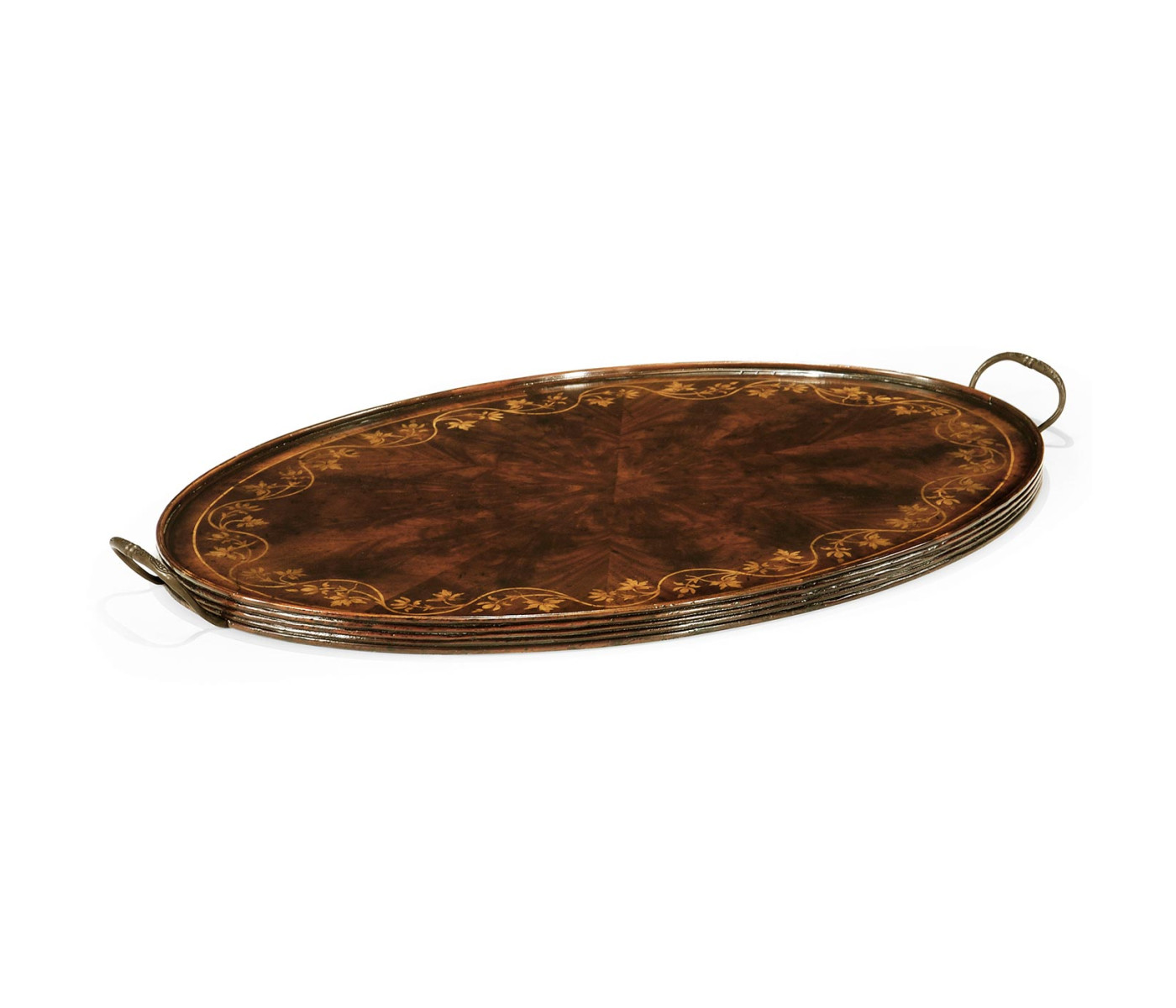Oval Mahogany Tray with Floral Inlay