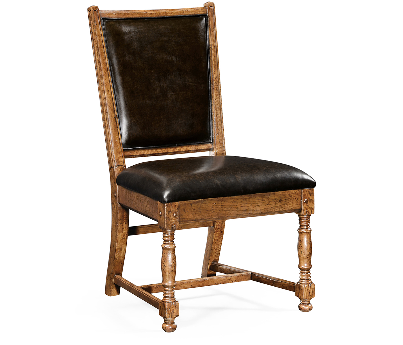 Brown Oak Country Side Chair With Antique Caviar Black Leather Upholstery