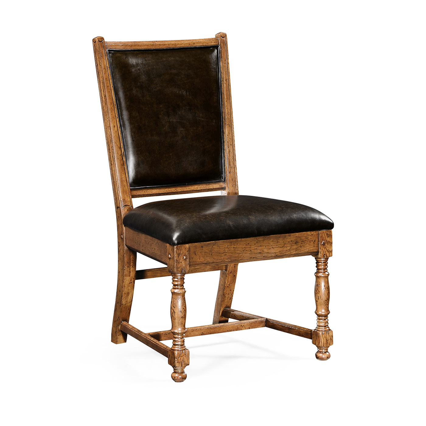 Brown Oak Country Side Chair With Antique Caviar Black Leather Upholstery