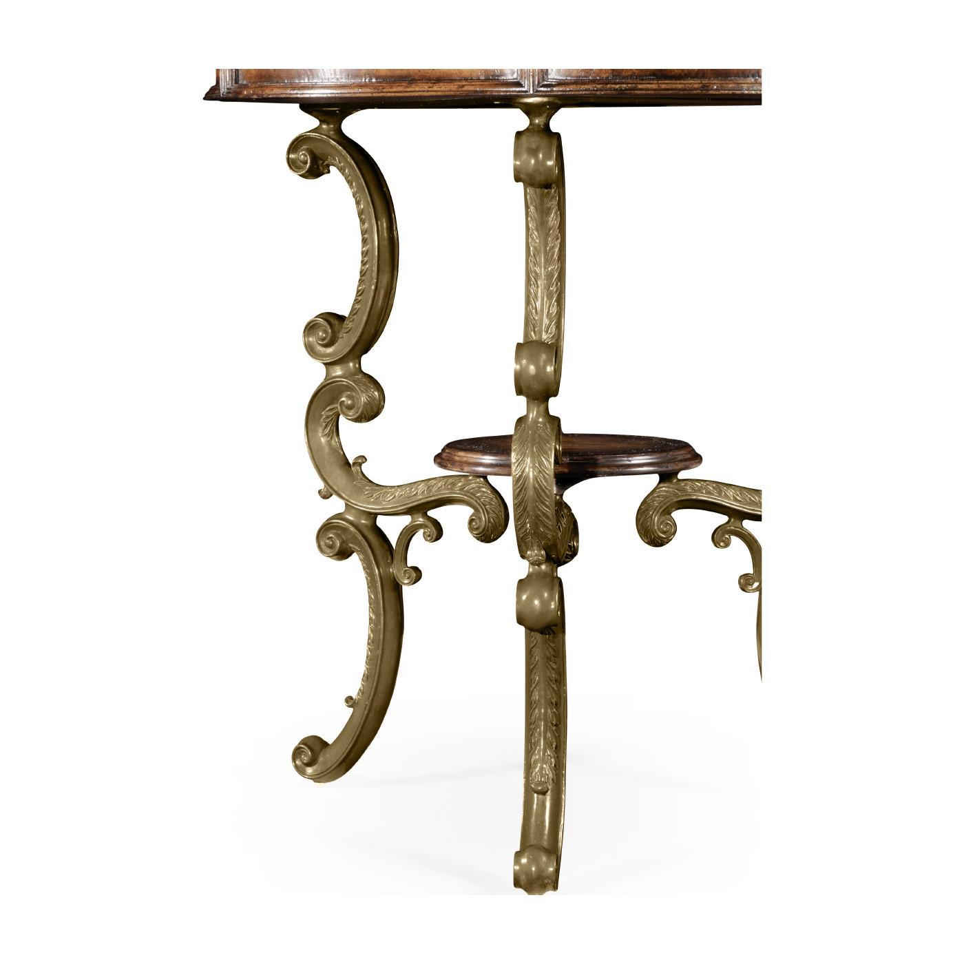 Crotch walnut round table on brass base