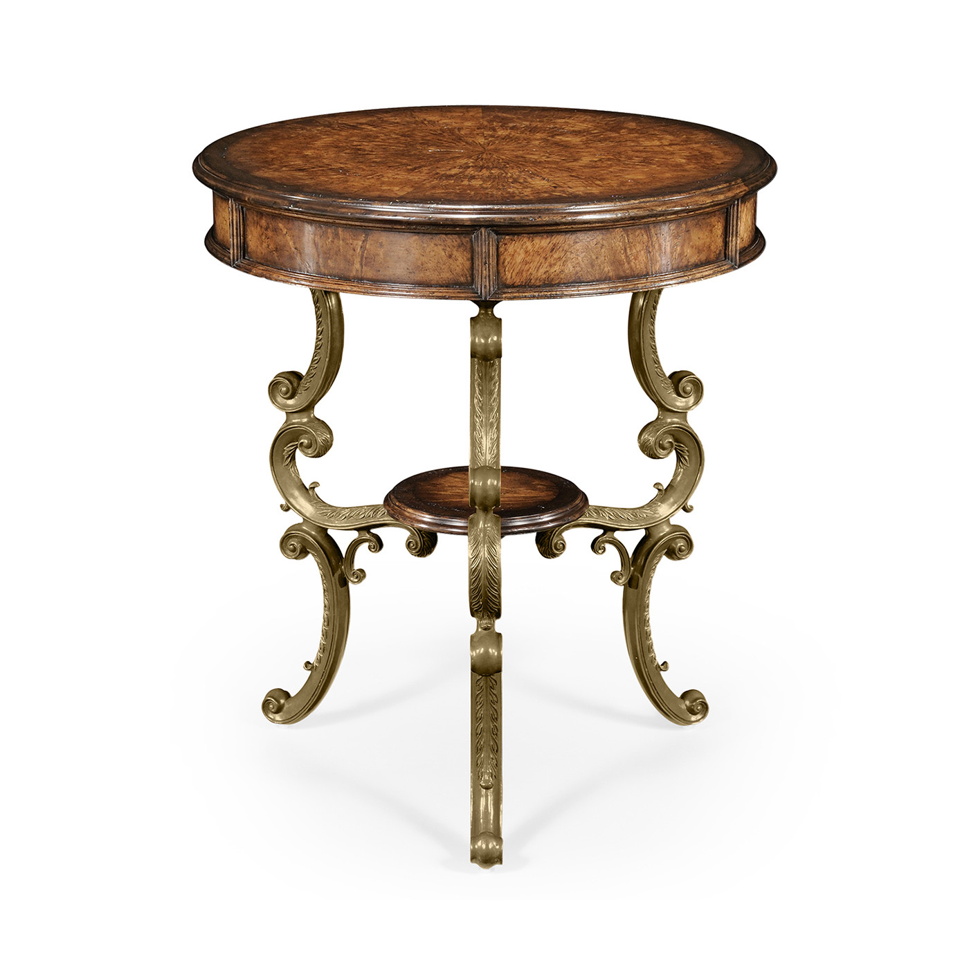 Crotch walnut round table on brass base