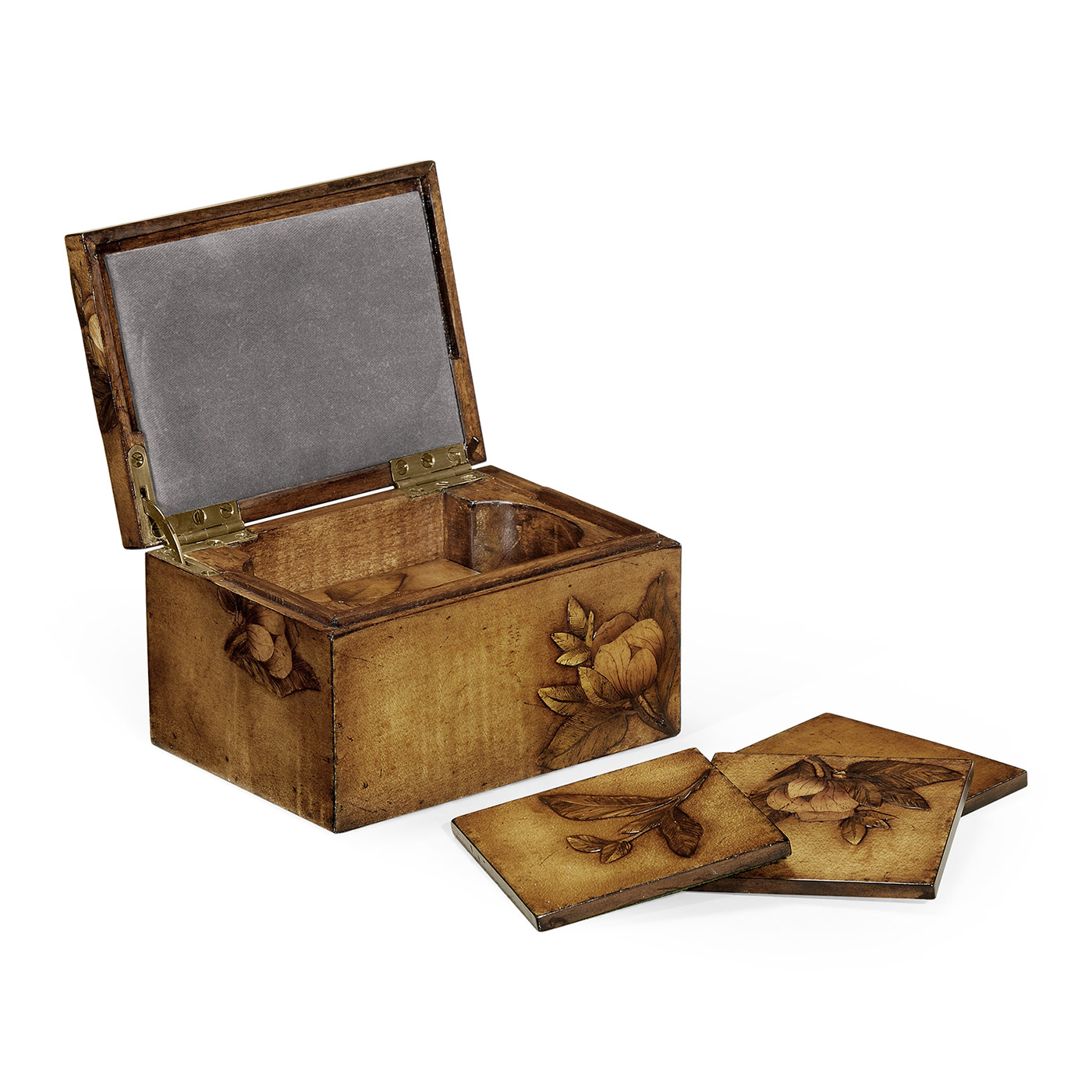 Walnut Raised Floral Drinks Coasters Box