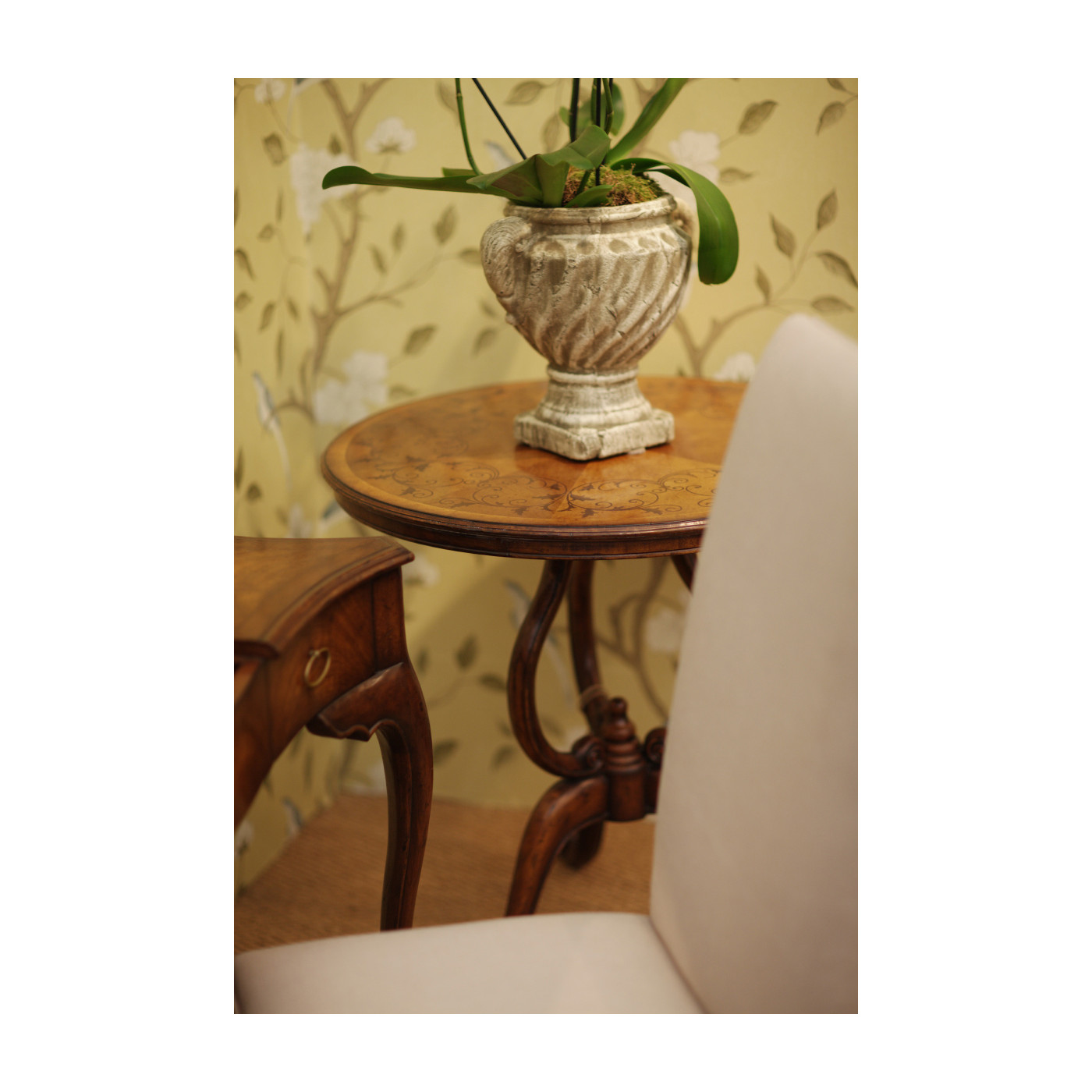 Walnut lamp table with satinwood inlaid top
