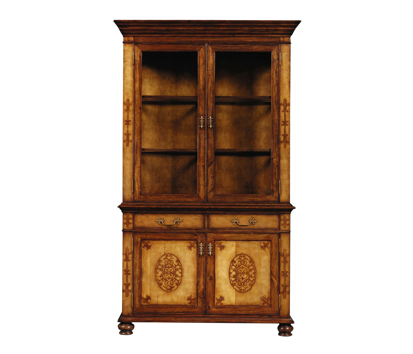 Raised veneer glazed cabinet with cupboards