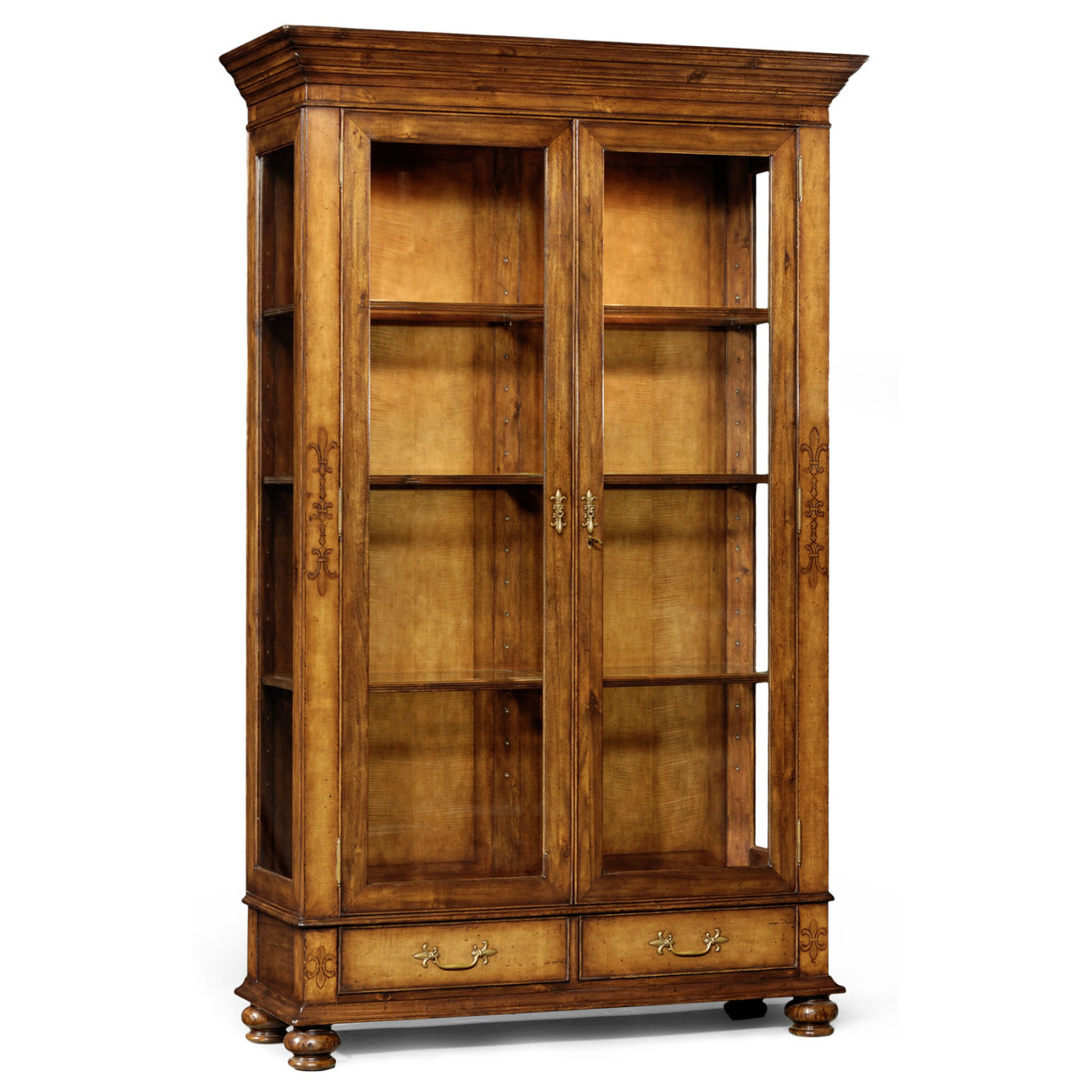 Raised veneer full length glazed cabinet with drawers