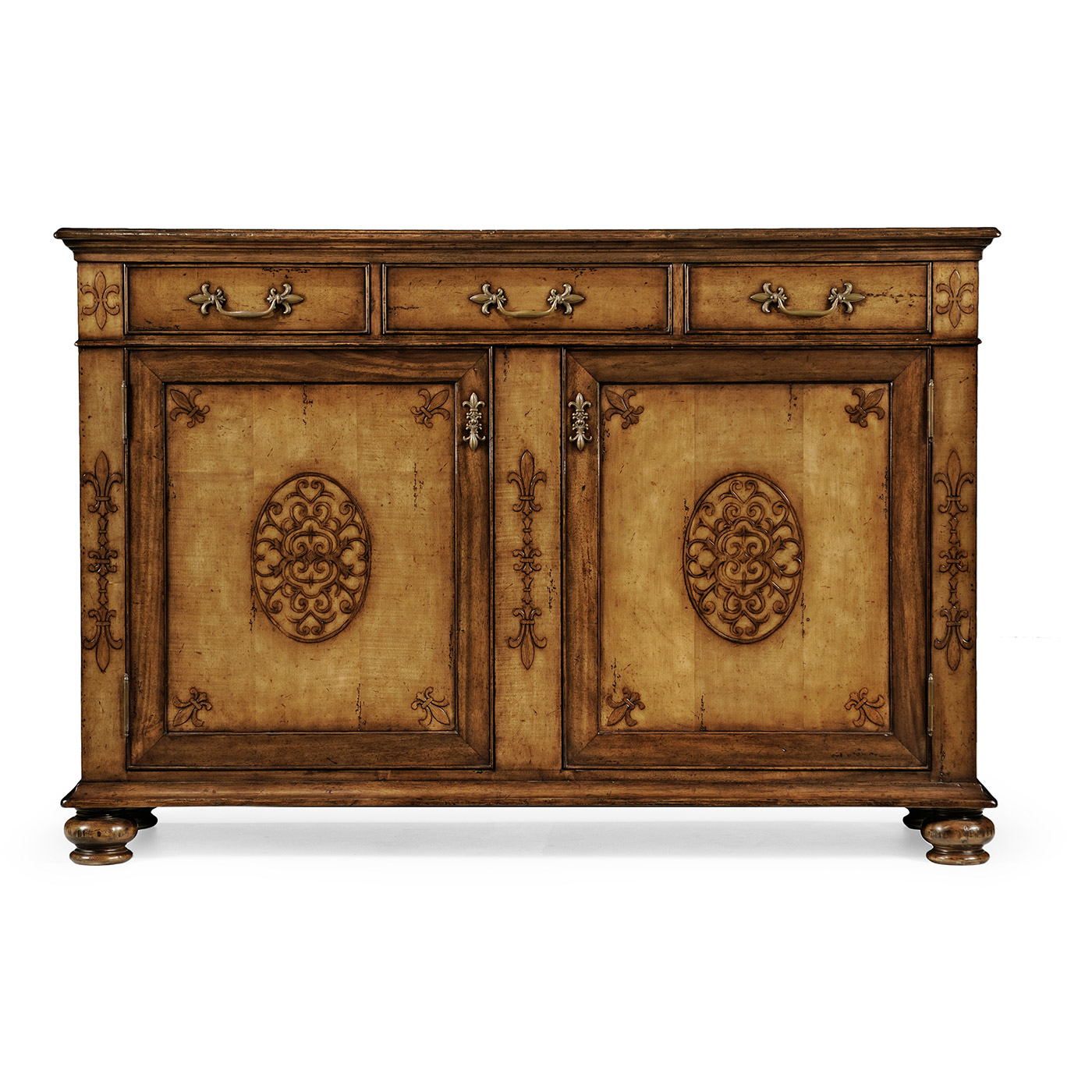 Raised veneer two door cabinet with three drawers