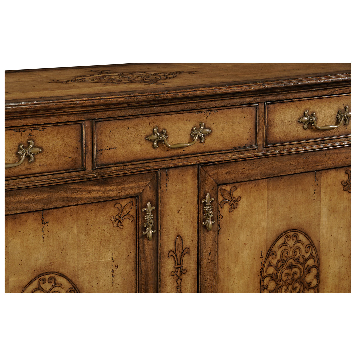 Raised veneer two door cabinet with three drawers