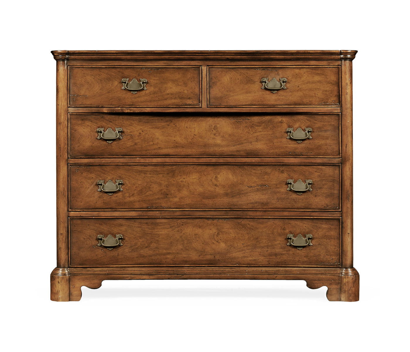 Walnut planked chest of five drawers