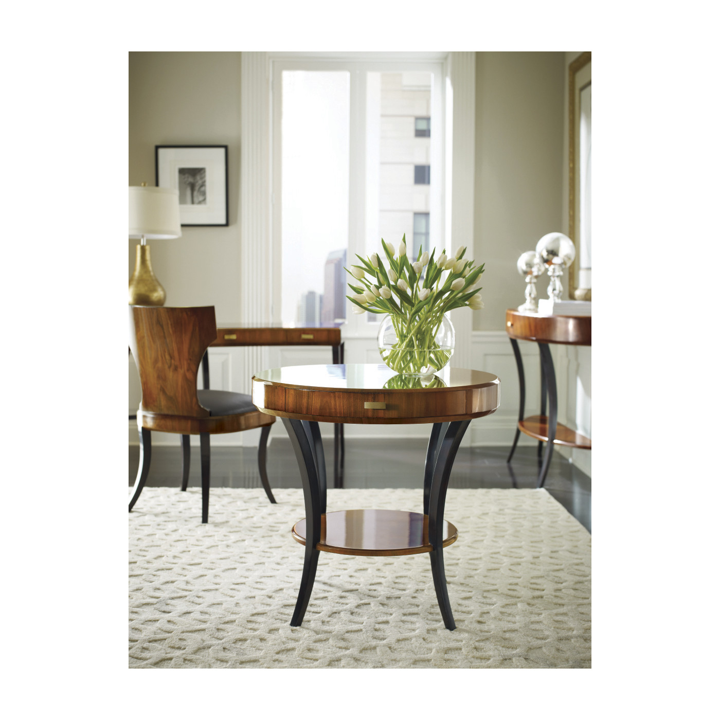 Art Deco High Lustre Round Side Table with Drawer