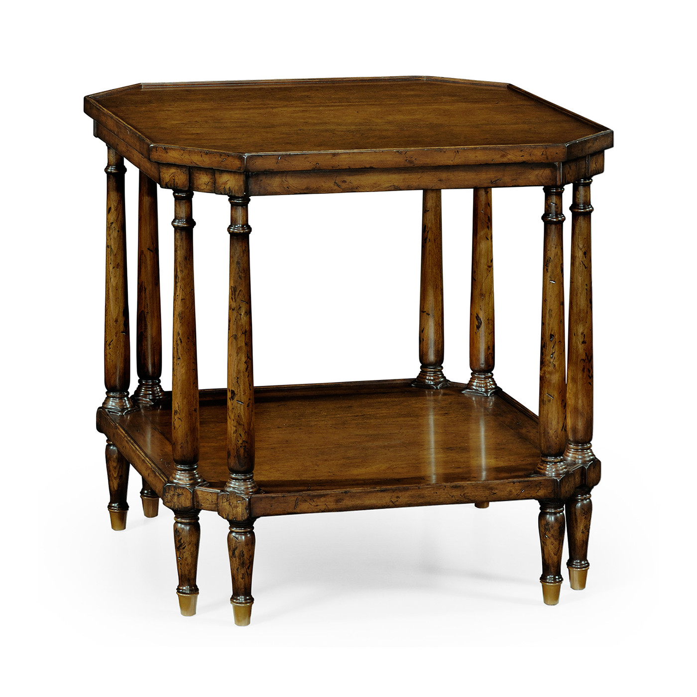 Square Walnut Side Table with Brass Capped Feet