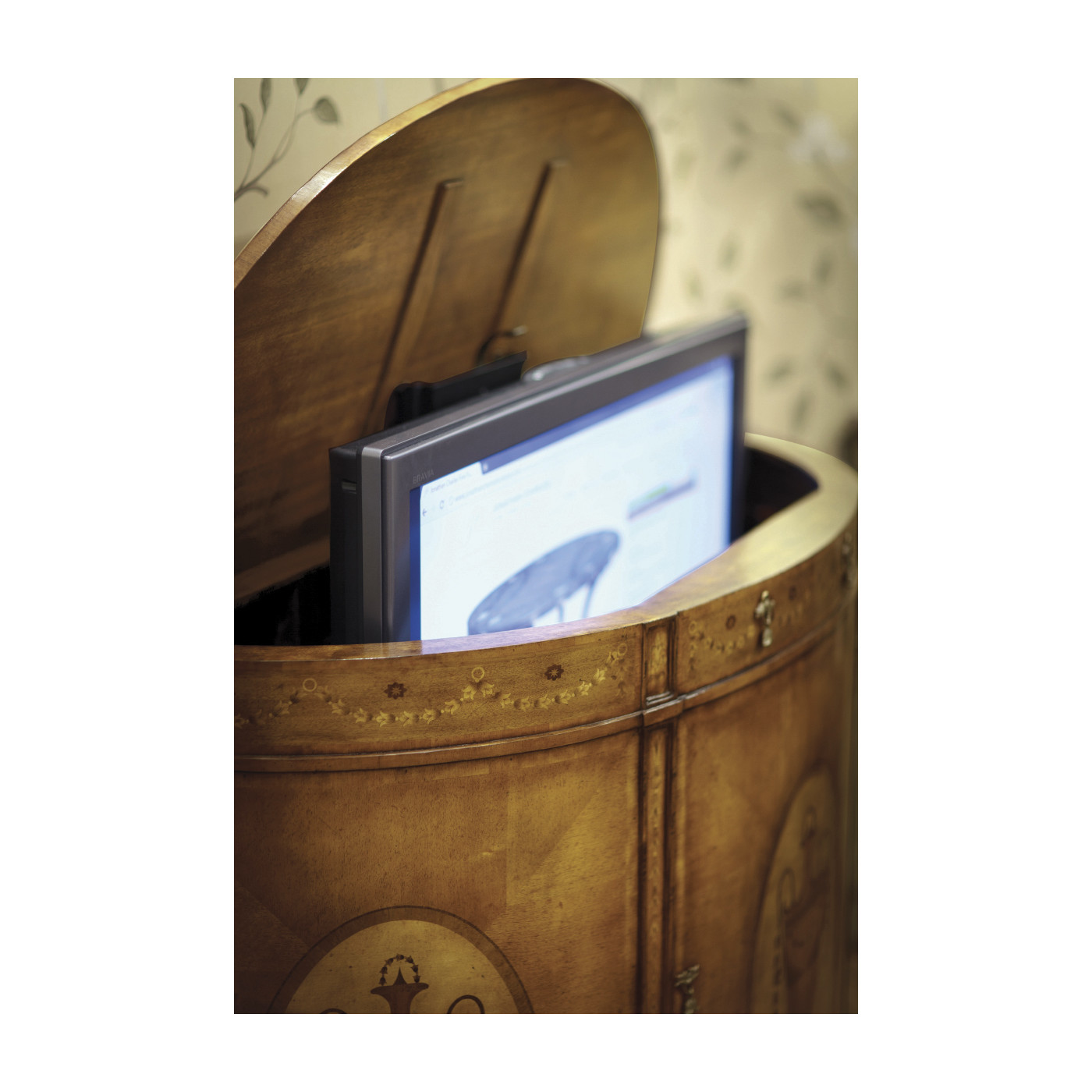 Adam Style Walnut & Satinwood Demilune TV Cabinet