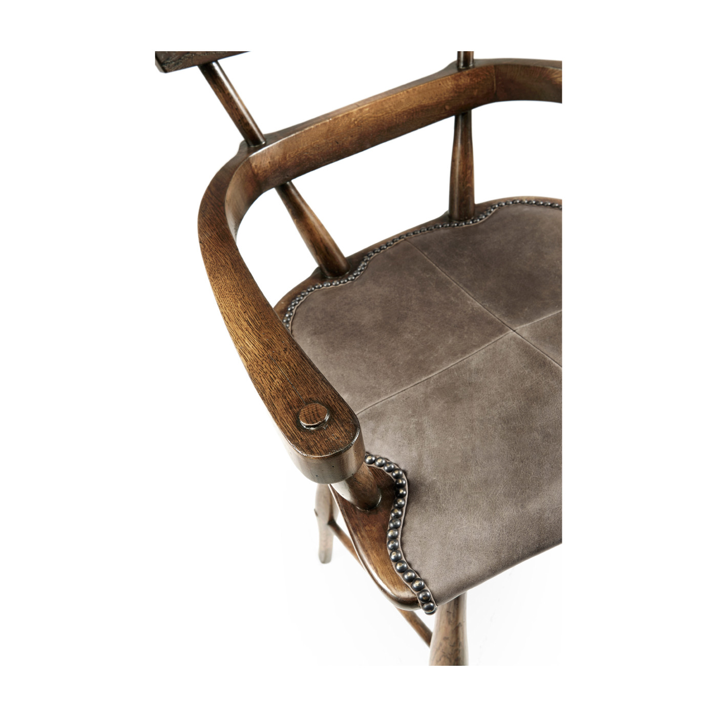 Dark Brown Oak Arm Bar Stool with Studded Haven Leather Seat