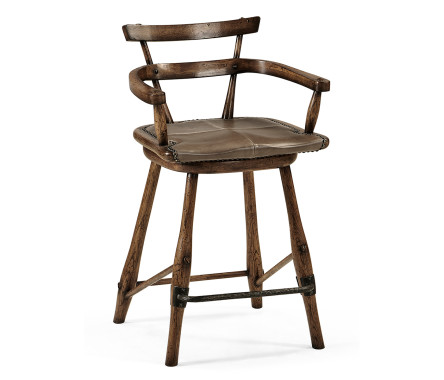 Dark Brown Oak Arm Counter Stool with Studded Haven Leather Seat