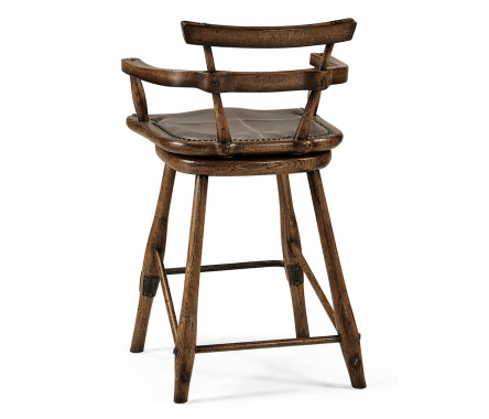 Dark Brown Oak Arm Counter Stool with Studded Haven Leather Seat