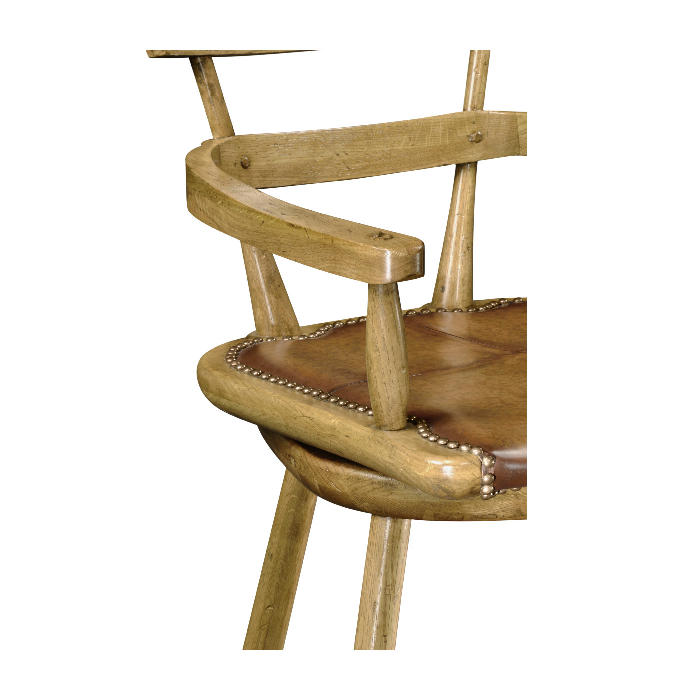 Natural Oak Arm Bar Stool with A Studded Antique Chestnut Leather Seat