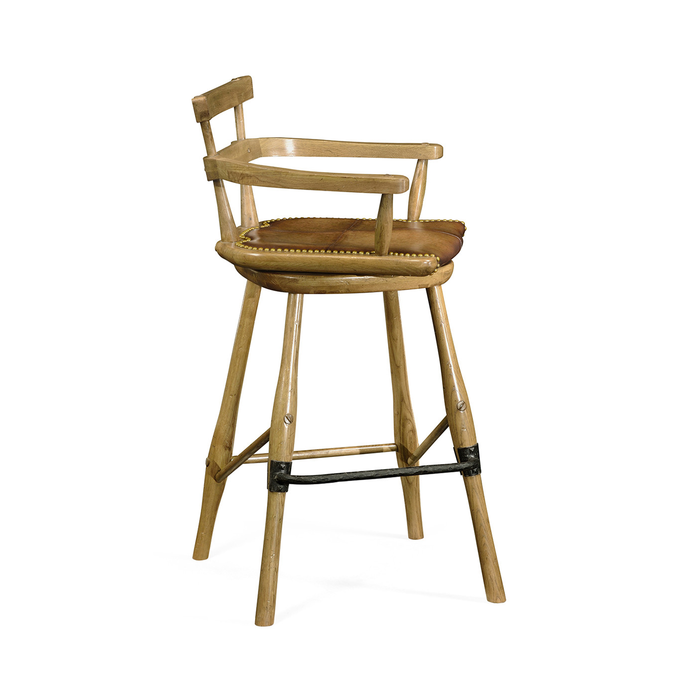 Natural Oak Arm Bar Stool with A Studded Antique Chestnut Leather Seat