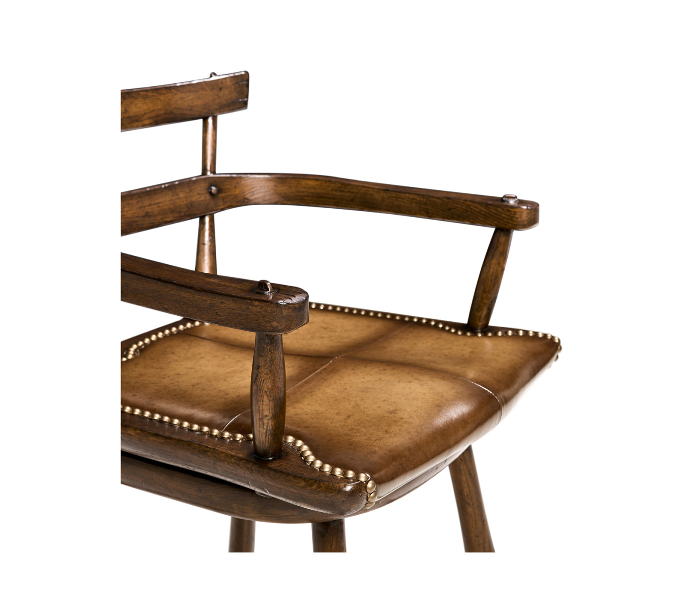 Dark Oak Arm Bar Stool with A Studded Dark Antique Leather Seat