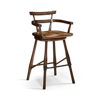 Dark Oak Arm Bar Stool with A Studded Dark Antique Leather Seat