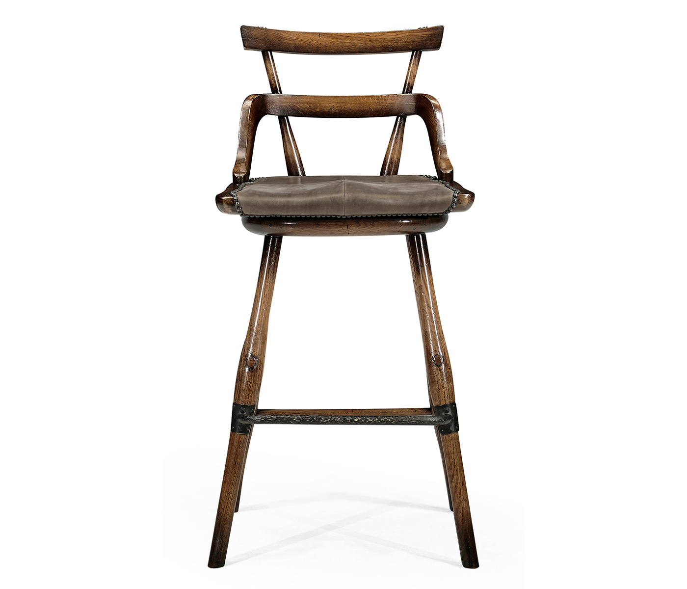 Dark Brown Oak Side Bar Stool with Studded Haven Leather Seat