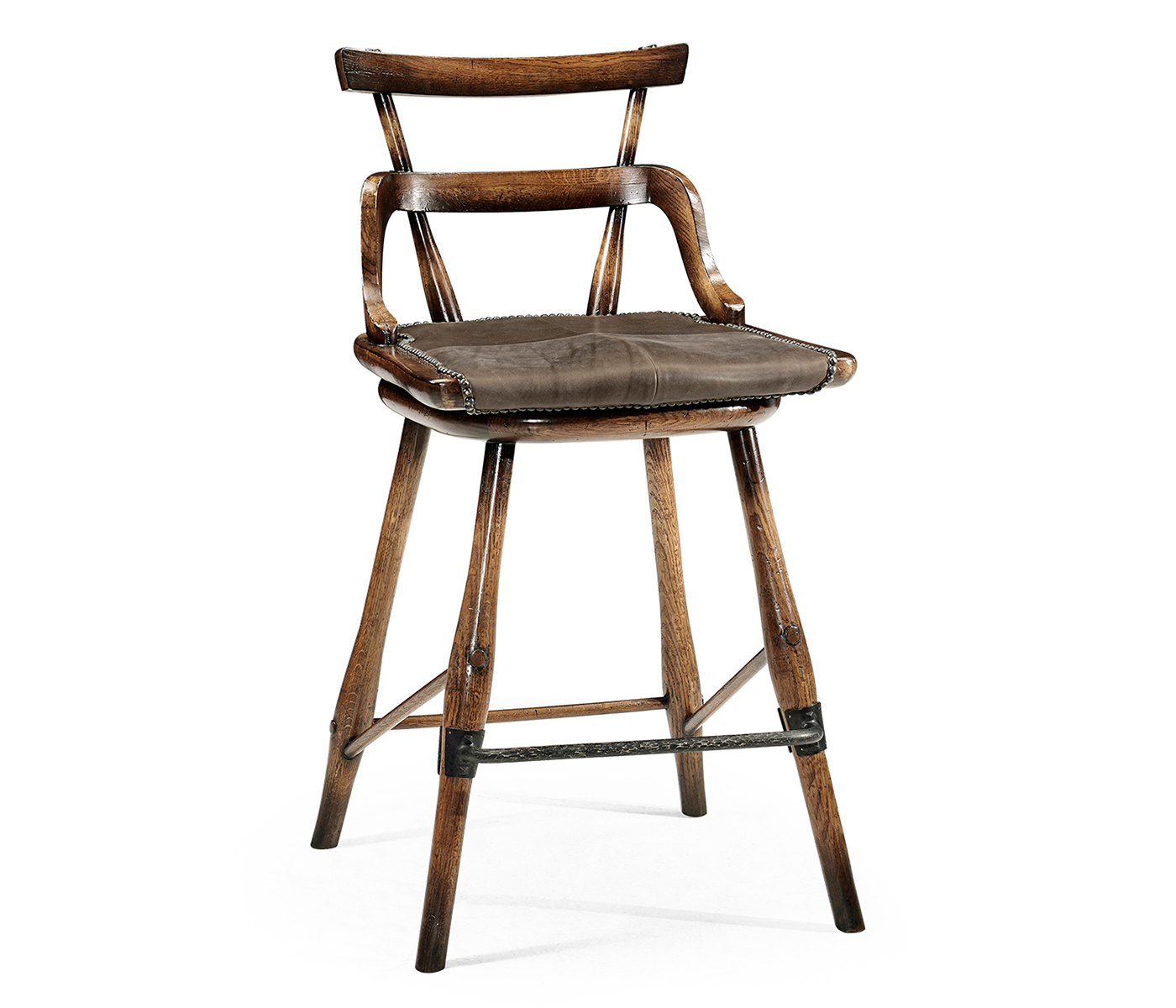Dark Brown Oak Side Counter Stool with Studded Haven Leather Seat