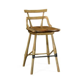Natural Oak Side Bar Stool with a Studded Antique Chestnut Leather Seat