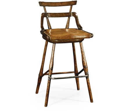 Dark Oak Side Bar Stool with a Studded Dark Antique Leather Seat