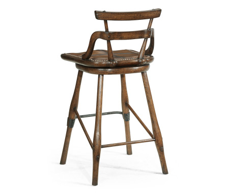 Dark Oak Side Bar Stool with a Studded Dark Antique Leather Seat