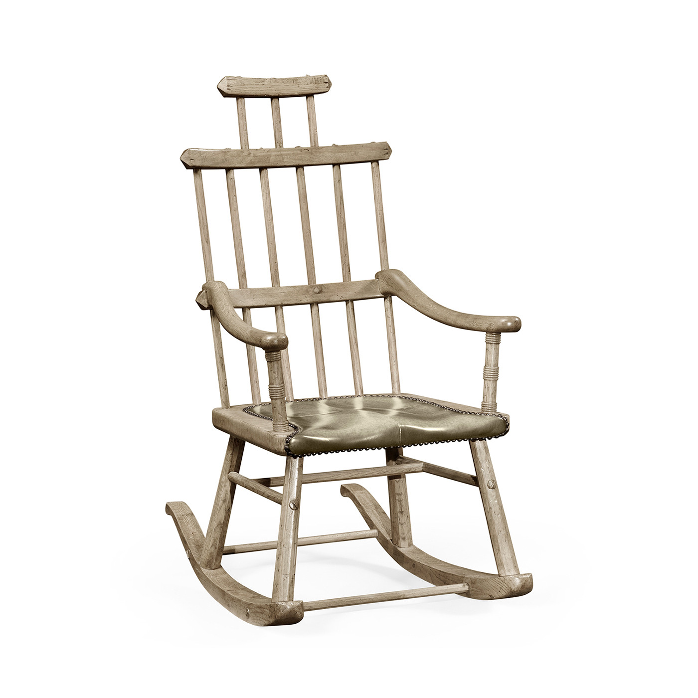 Grey Oak Windsor Style Rocking Arm Chair with A Studded Dark Grey Leather Seat