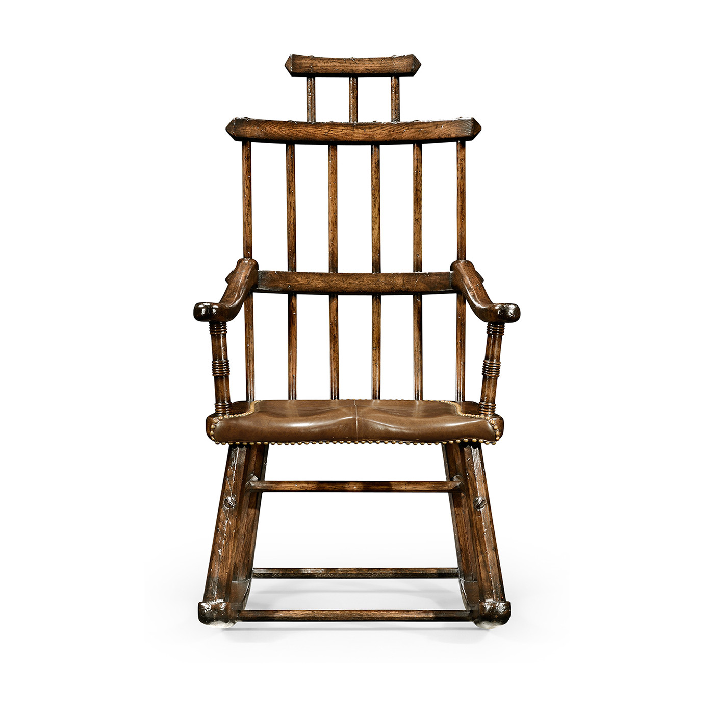 Dark Oak Windsor Style Rocking Arm Chair with A Studded Dark Antique Chestnut Leather Seat