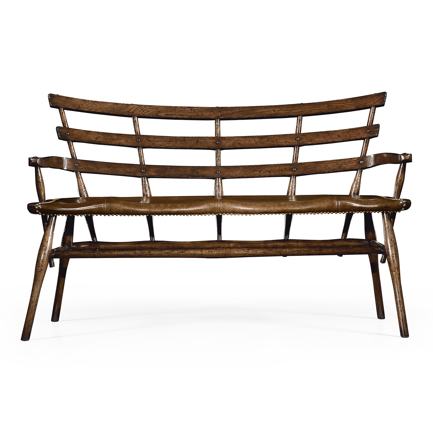 Dark Oak Bench with a Studded Dark Antique Chestnut Leather Seat