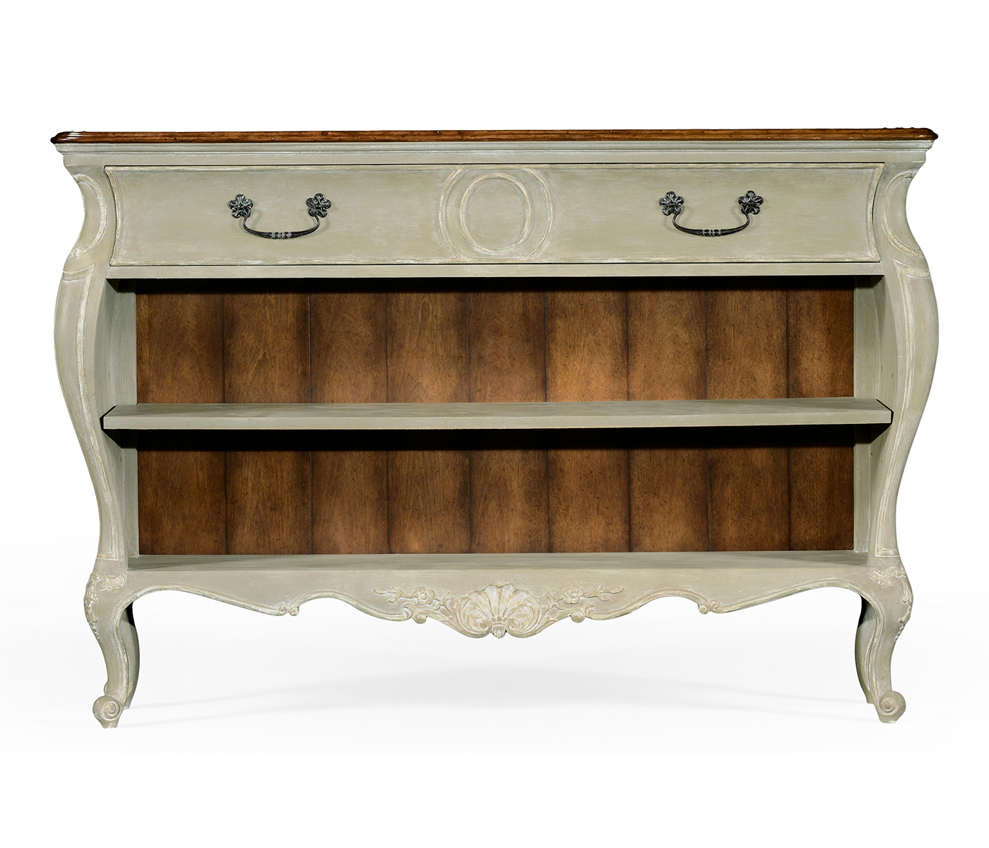 French provincial grey painted open bookcase