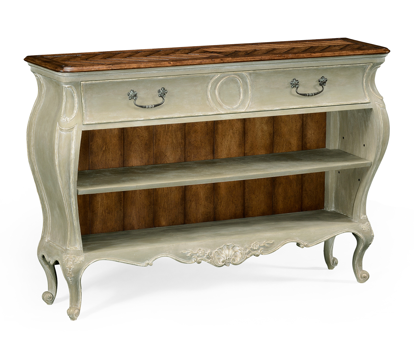 French provincial grey painted open bookcase