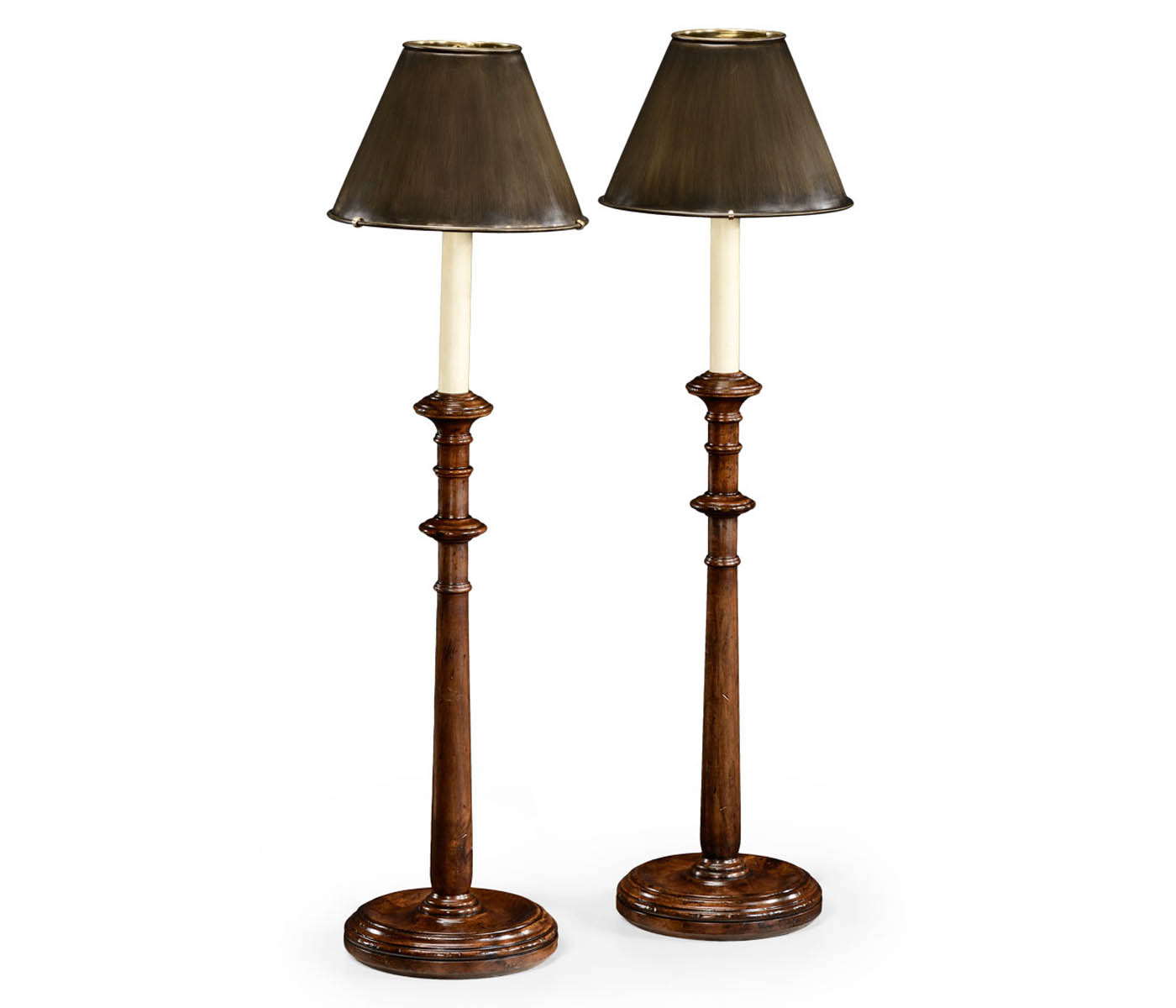 Pair of walnut candlestick lamps - in component form - unwire