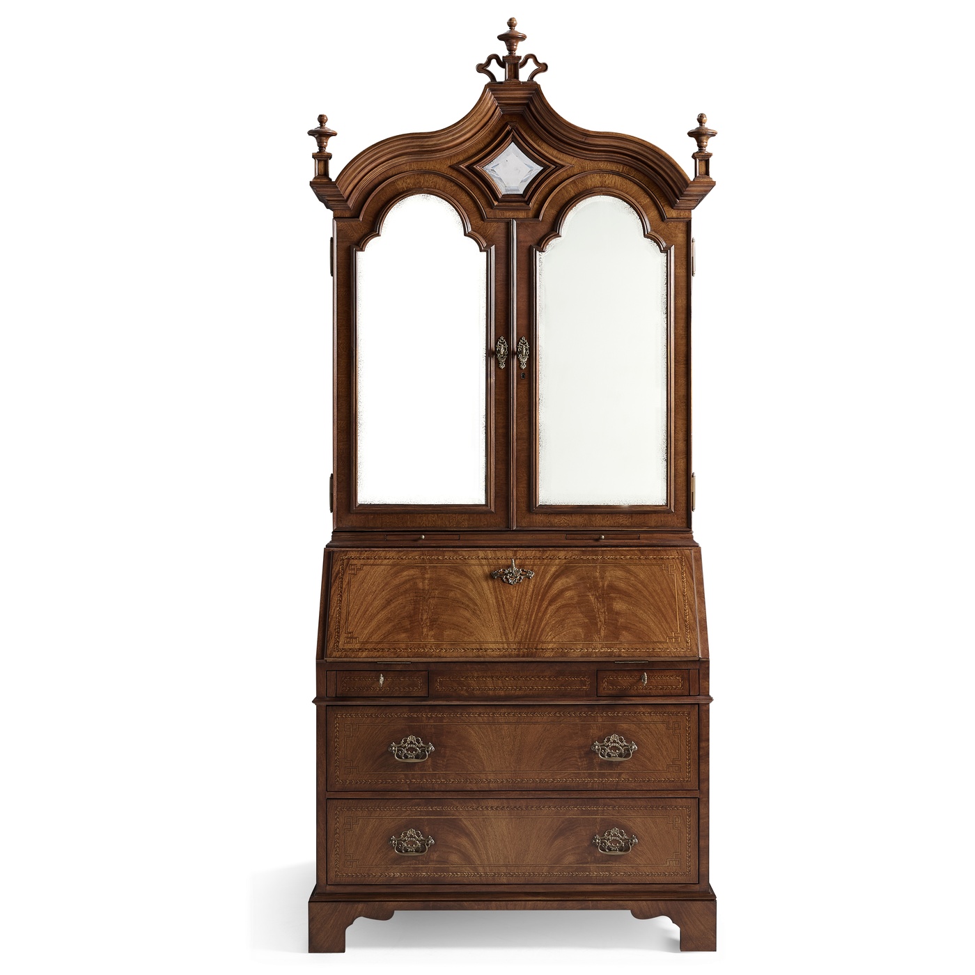 Queen Anne Walnut Bureau with Chinoiserie Interior & Mirrored Doors