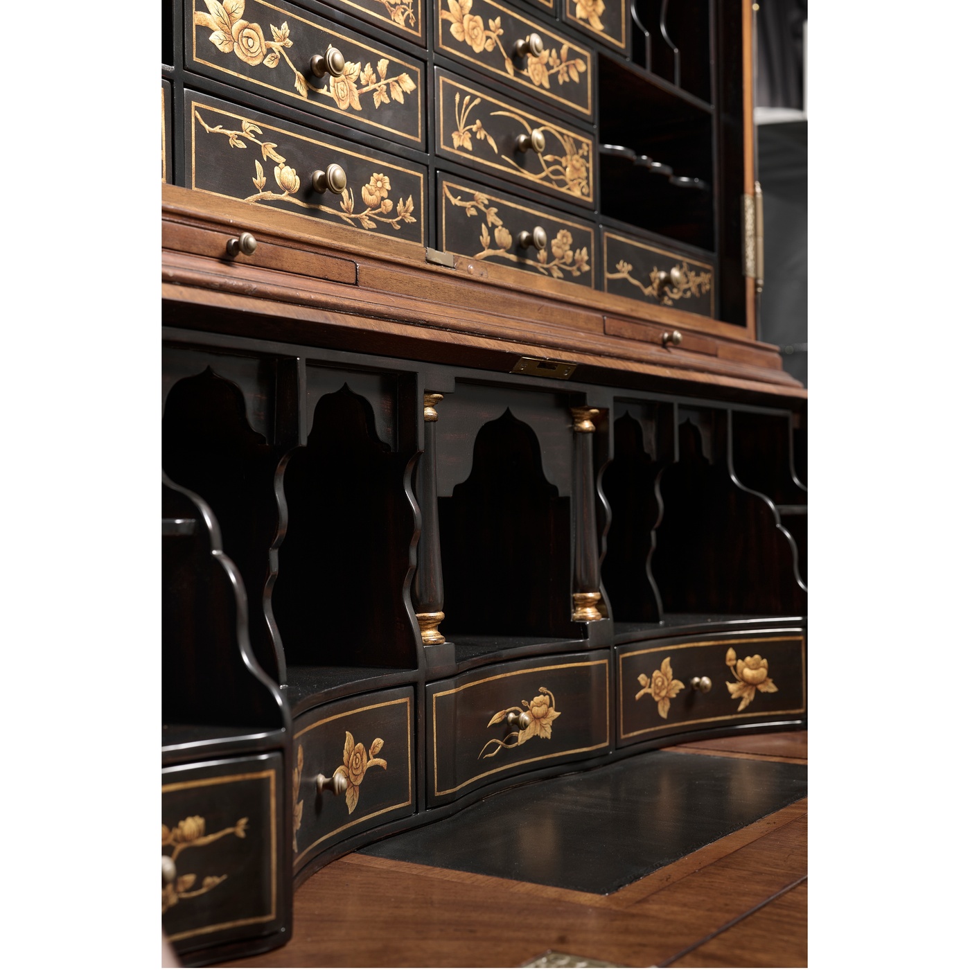 Queen Anne Walnut Bureau with Chinoiserie Interior & Mirrored Doors