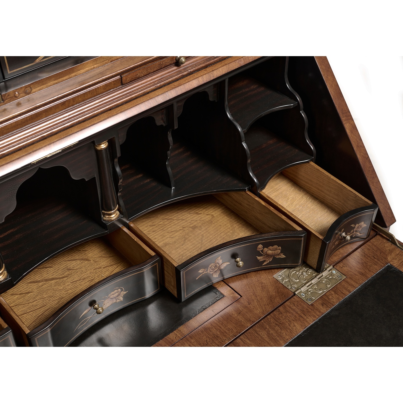 Queen Anne Walnut Bureau with Chinoiserie Interior & Mirrored Doors