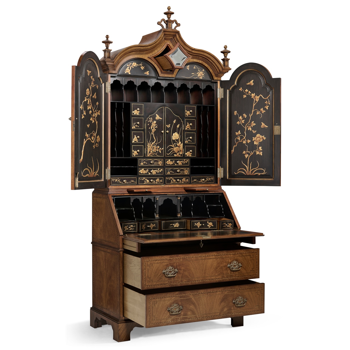 Queen Anne Walnut Bureau with Chinoiserie Interior & Mirrored Doors