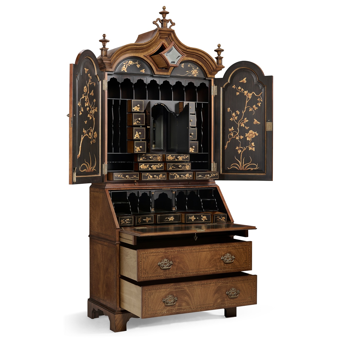 Queen Anne Walnut Bureau with Chinoiserie Interior & Mirrored Doors
