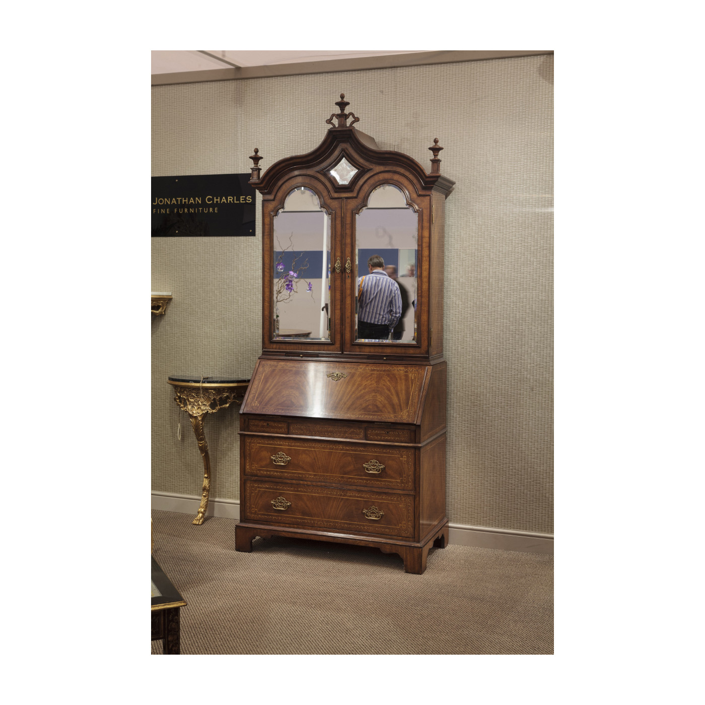 Queen Anne Walnut Bureau with Chinoiserie Interior & Mirrored Doors