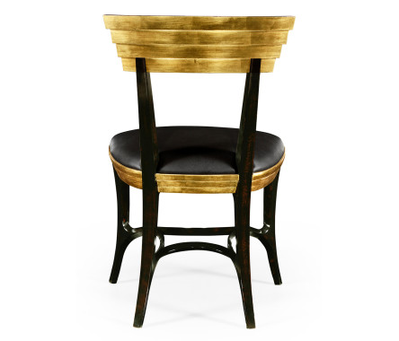 Stepped gilded dining side chair with smoky black leather