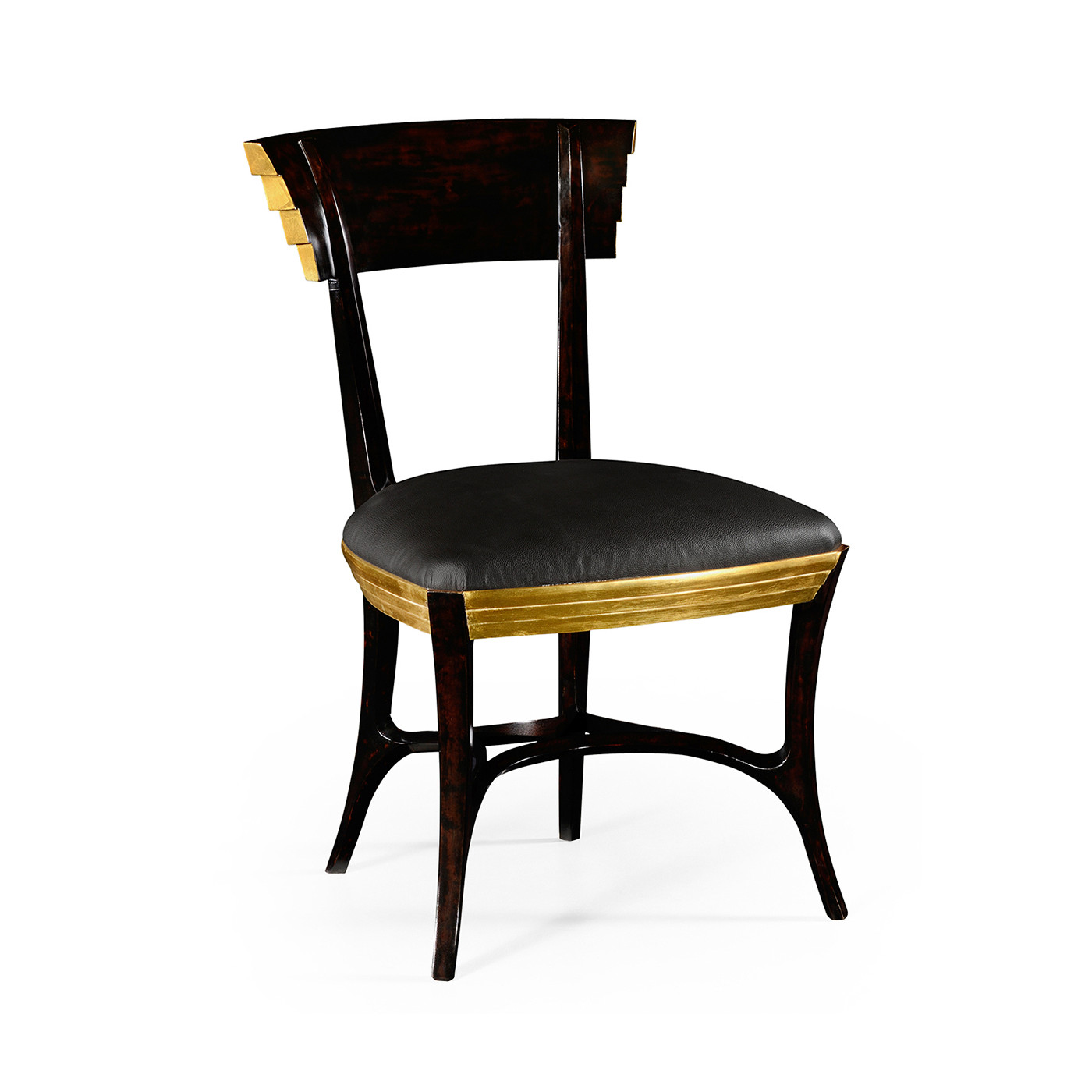 Stepped gilded dining side chair with smoky black leather