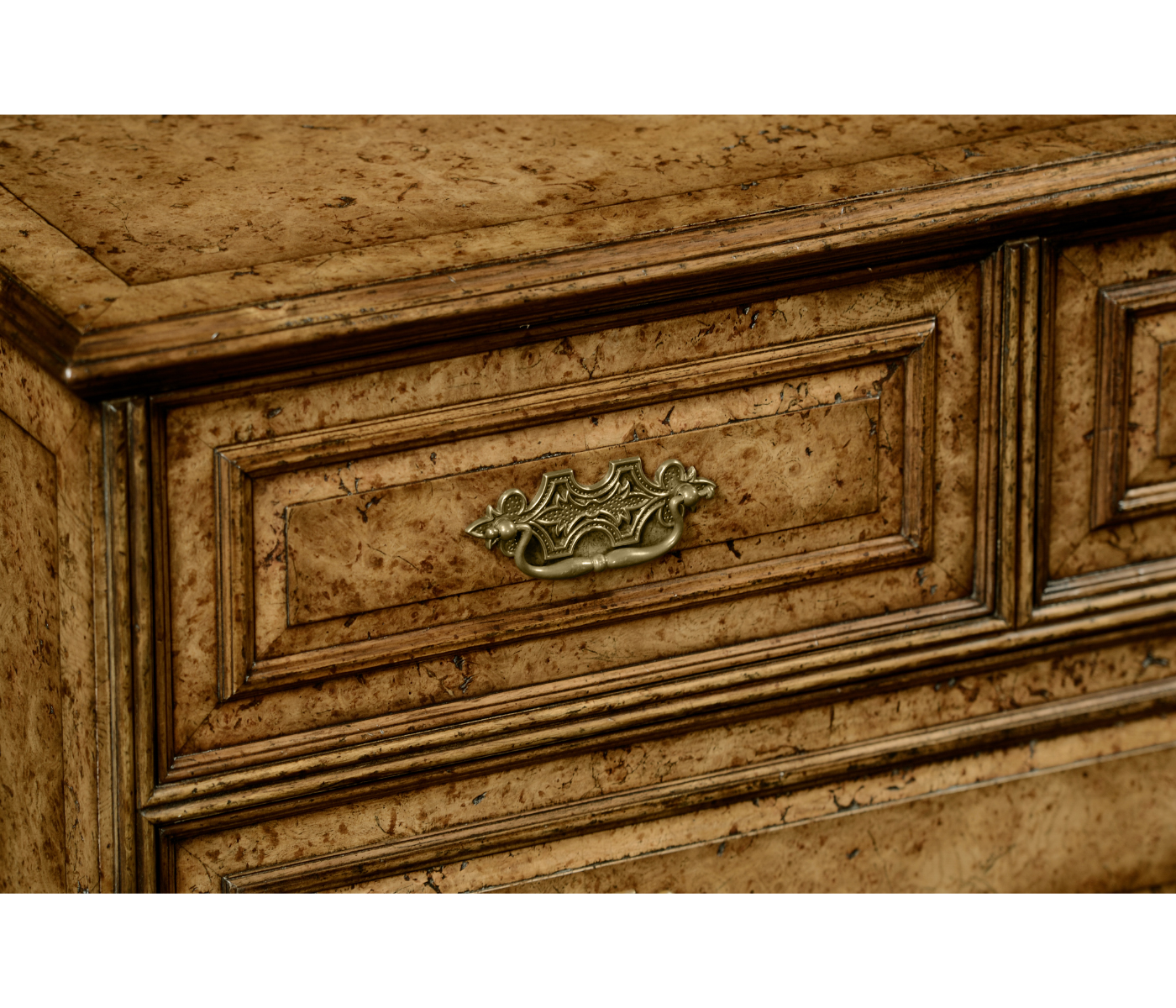 George II style burl oak chest of five drawers