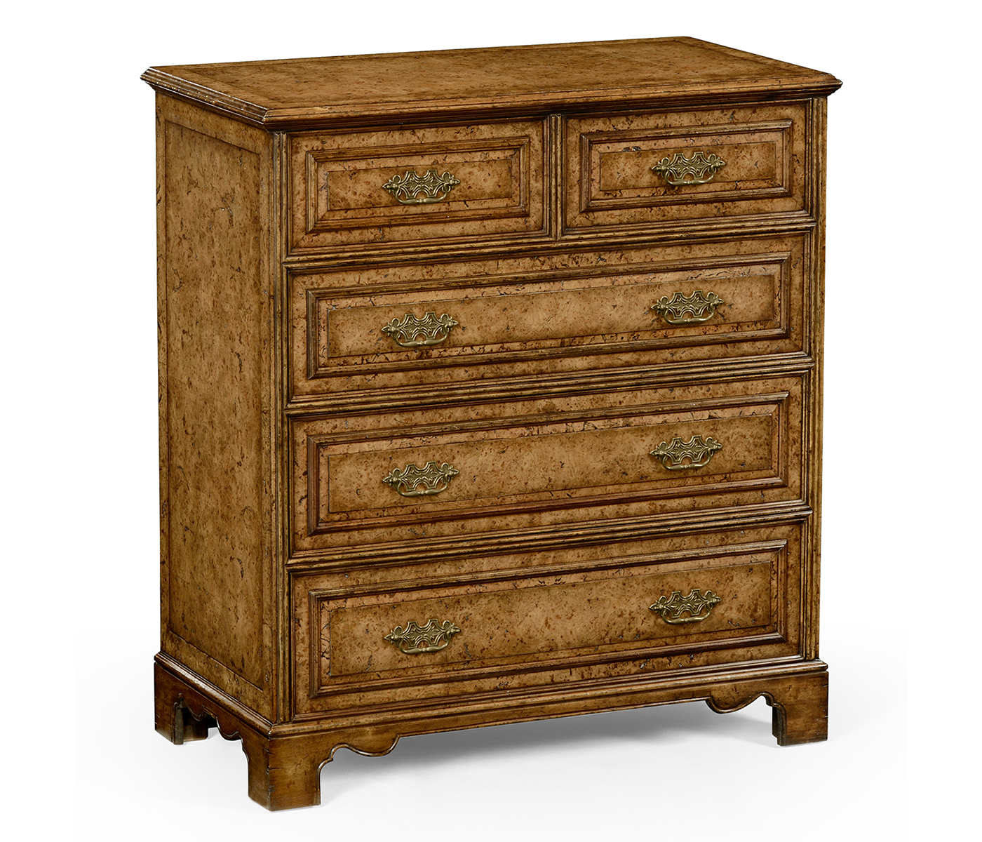 George II style burl oak chest of five drawers