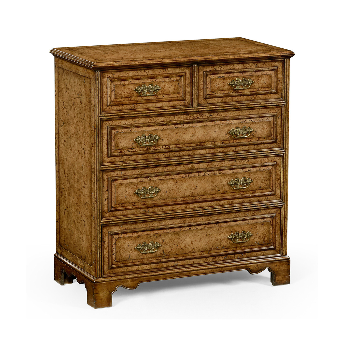 George II style burl oak chest of five drawers