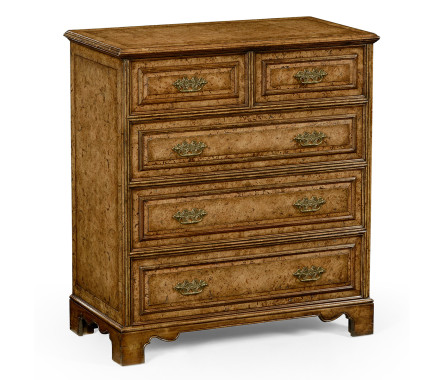 George II style burl oak chest of five drawers