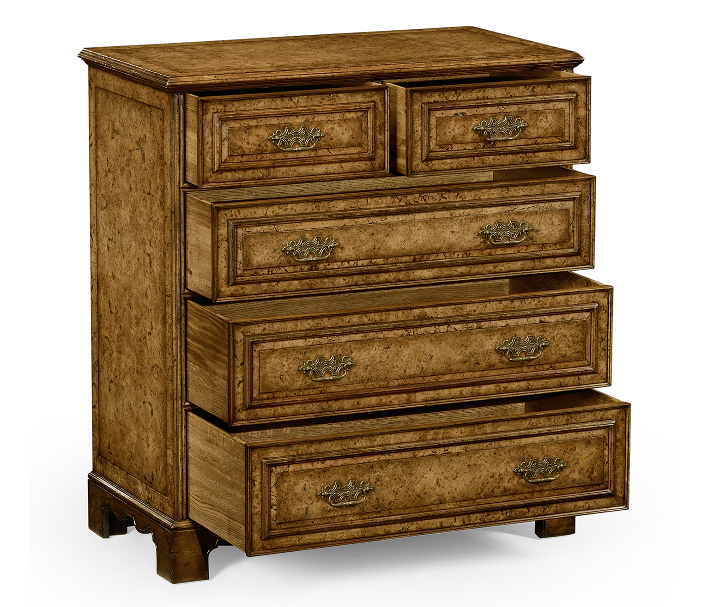 George II style burl oak chest of five drawers