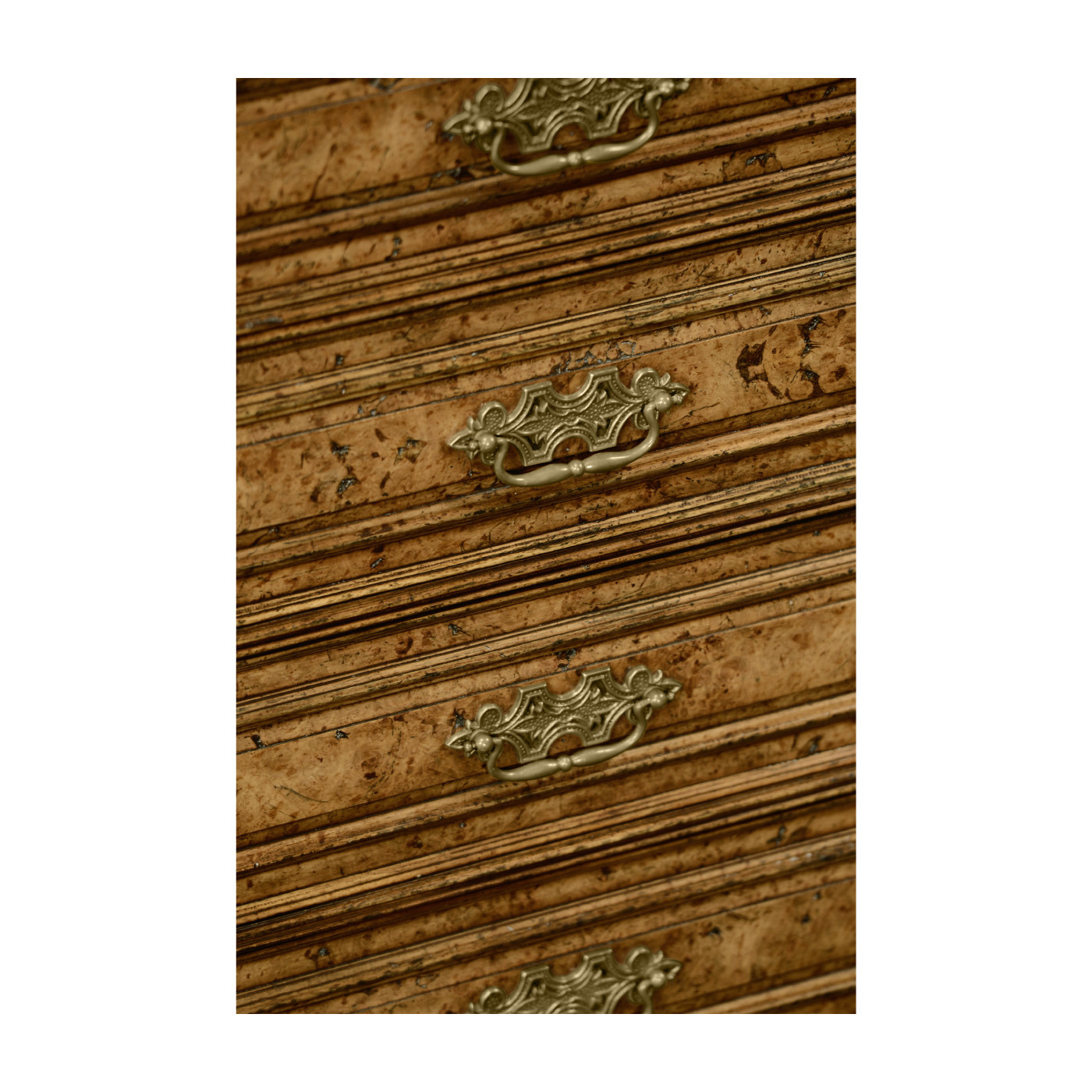 George II style burl oak chest of four drawers