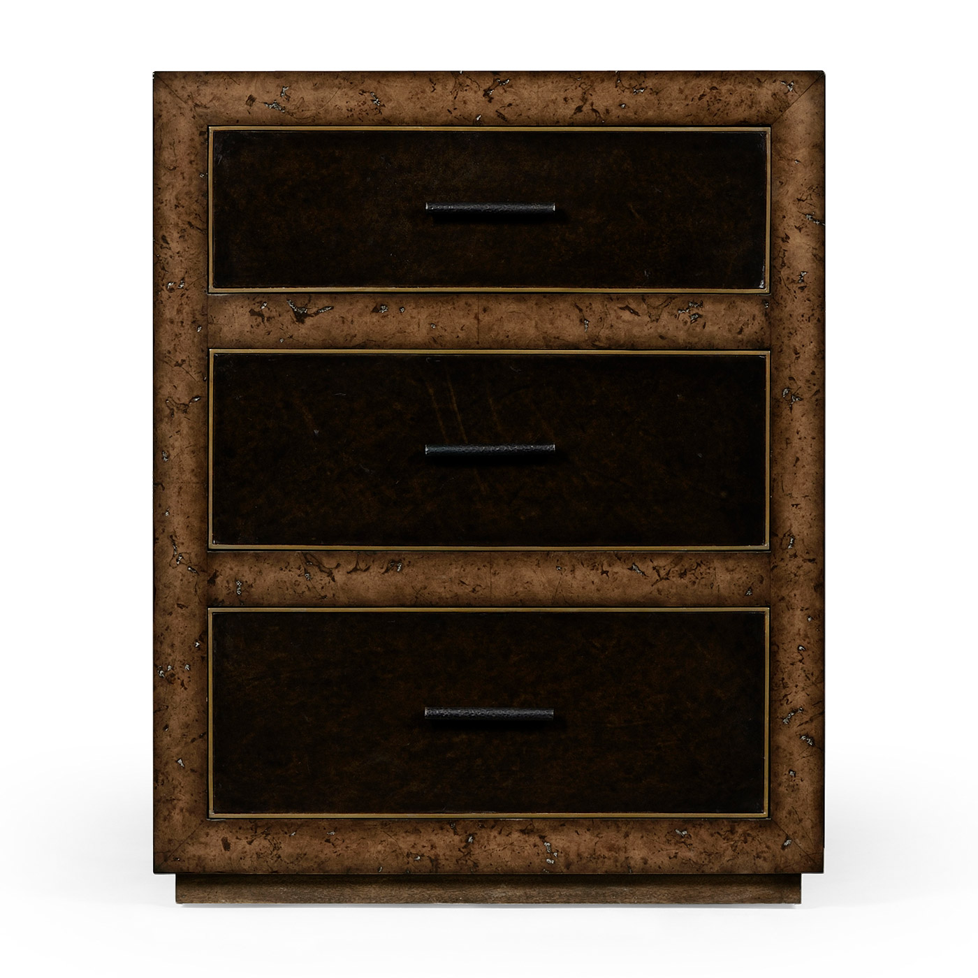 Rustic Burl Oak and Leather Chest of Three Drawers